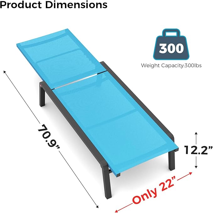 Patio Chaise Lounge Set of 2 with 4 Adjustable Backrest, Foldable Aluminum Chaise Lounge Chair Recliner for Outdoor, Poolside, Sun Tanning Blue