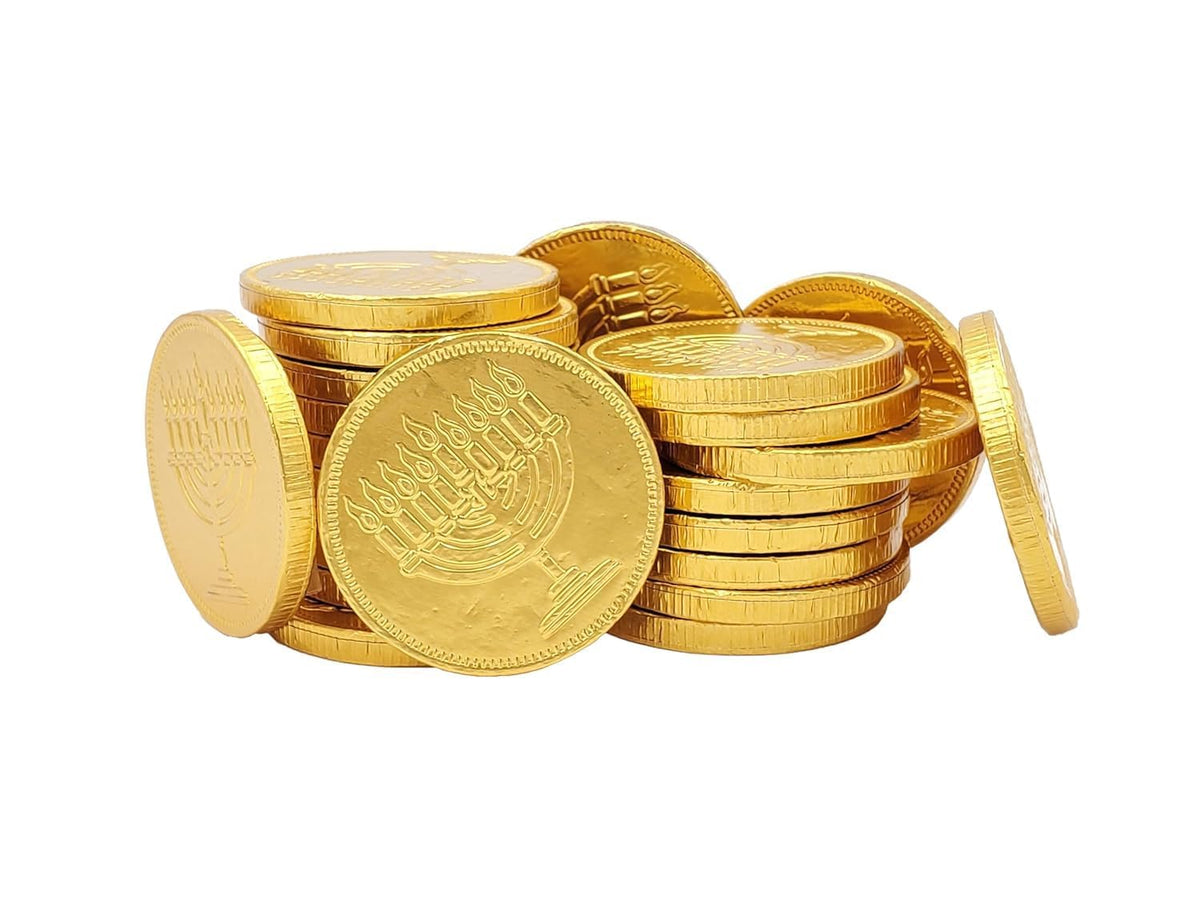 The Dreidel Company 5-Pounds Bulk Hanukkah Chocolate Gelt, Nut-Free, Belgian Milk Chocolate Coins, with Menorah and Dreidel Design Kosher Chanukah