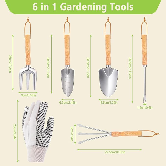 Garden Tools 5-Pieces, Heavy Duty Gardening Hand Tools with Wooden Handle, Canvas Gloves, Stainless Steel Material, Rust-Proof Garden Tool Set, Ideal Gardening Gifts for Women