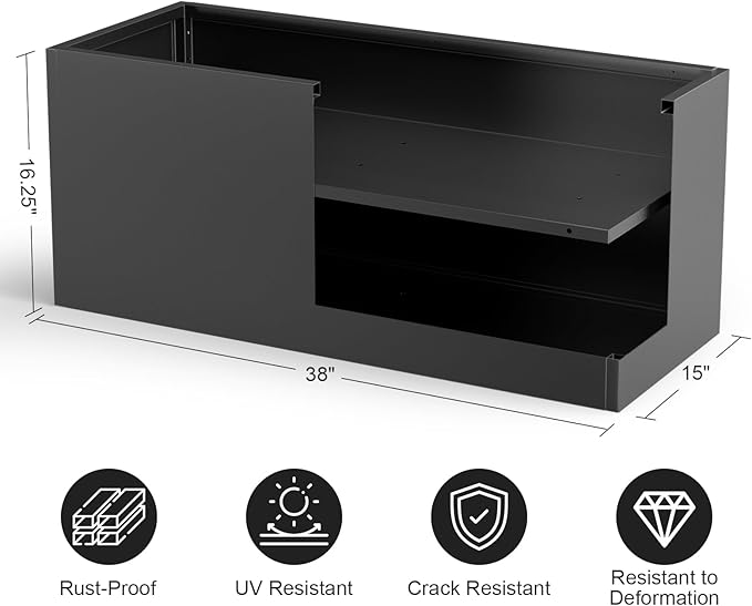 Long Metal Cube Planter for Outdoor Plants 15" W x 38" L x 16.25" H, Heavy Duty Steel Rectangular Planter Box with Removable Insert Shelf, Modern Décor for Outside, Indoor, Garden (Black)