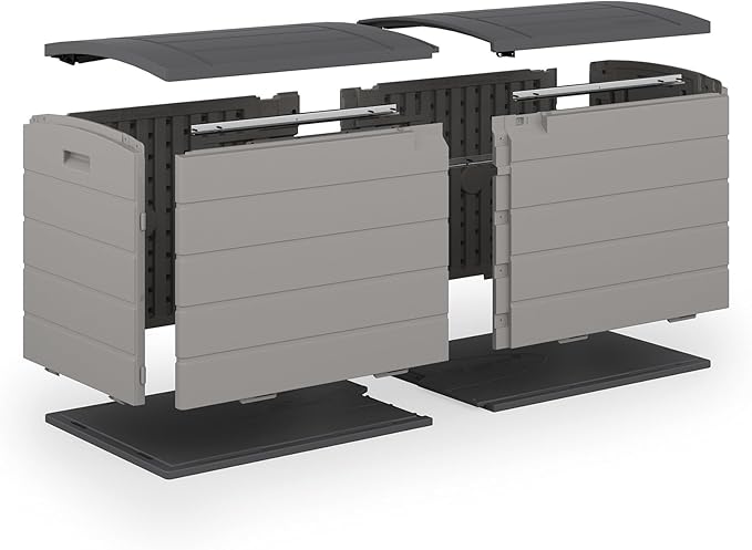 Suncast 120-Gal. All-Weather Patio Deck Box with Pad-Lockable Split Top Lid, Extra-Large Outdoor Storage Unit for Patio Furniture and Grill Tools, Made in the USA