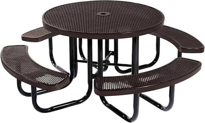 Heavy-Duty Portable Outdoor Picnic Table with Umbrella Hole, Punched Steel Commercial-Grade Patio Dining Furniture Made in America (46" Round Top, Brown)
