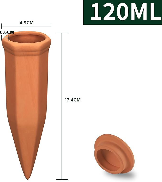 Large Terracotta Watering Spikes with Lids, Automatic Plant Waterer Outdoor | Indoor, Vacation Friendly Clay Plant Watering Devices System, Slow Release Self Watering Planter Insert, 6 Pack