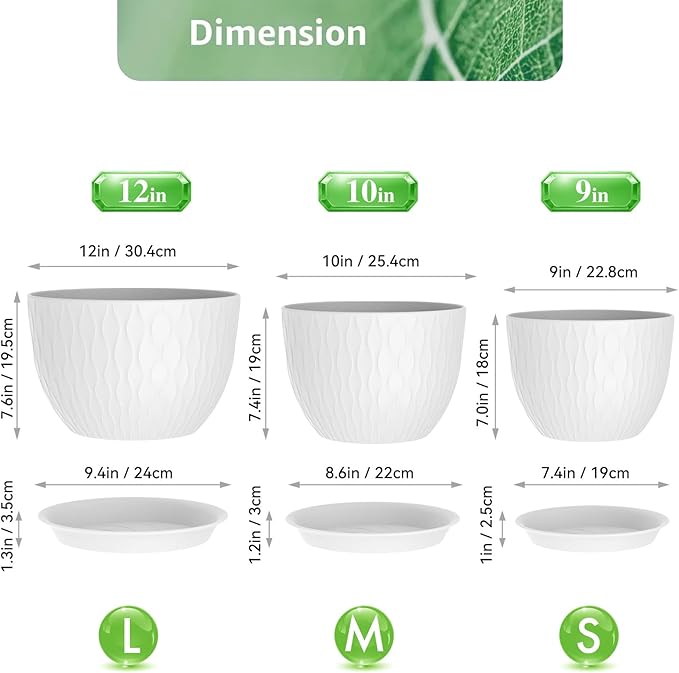 Plant Pots 12/10/9 Inch Pots, Set of 3 Plastic Planters with Drainage Holes and Saucers,Plastic Flower Pots,Nursery Planting Pot for Indoor Out Door Plants（White）