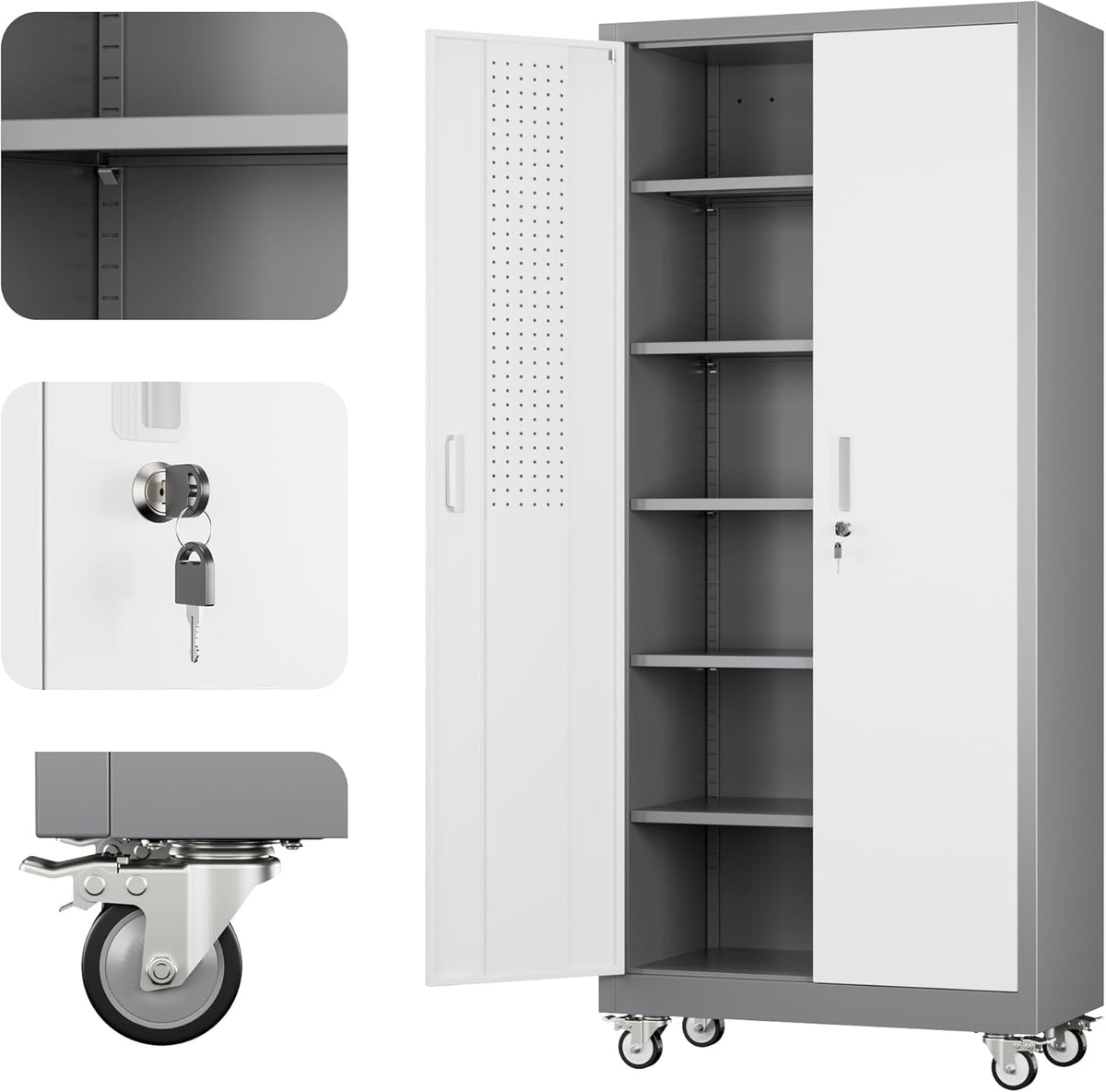 Metal Garage Storage Cabinet with Wheels & Pegboard, Lockable Metal Storage Cabinets with 2 Doors&5 Adjustable Shelves for Garage&Home,Assembly Required,Gray White 71''H x32''W x16''D