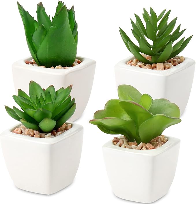 Hollyone Succulents Plants Artificial 4Pcs Small Fake Succulents in Pots Faux Plastic Potted Plants with White Ceramic Pot for Home Decor Office Desk Bathroom Shelf Indoor & Outdoor Decoration