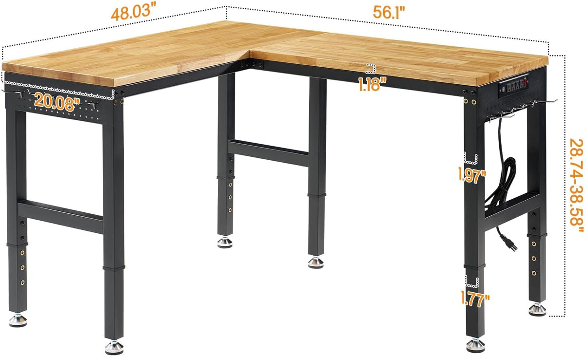 Albott 56"x48" L-Shaped Adjustable Workbench with Storage & Power Strip, Heavy Duty Tool Bench for Woodworking, Garage, Workshop, Home Office, 6000LBS Load, Pegboard & Hooks, ETL Certified