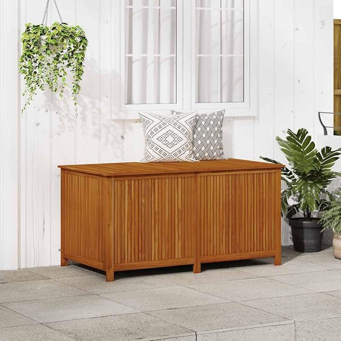 vidaXL Wooden Outdoor Storage Box with Gas-Lift Lid – Patio Deck Chest with Zippered Waterproof Bag for Garden Bench, Pool, Porch, Trunk, Cabinet, Teak Look – Brown, 59.1"x31.5"x29.5"