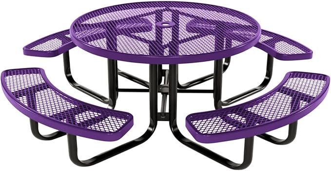 Heavy-Duty Portable Outdoor Kids Table with Umbrella Hole, Expanded Metal Kids Picnic Table, Commercial-Grade, Made in America (46 in, Round, Childrens, Textured Purple)