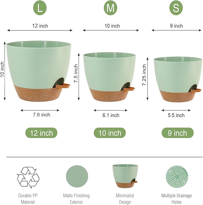 Large Self Watering Pots, 12/10/9 Plastic Planters with High Drainage Holes and Deep Reservoir for Indoor Outdoor Garden Plants and Flowers, Green with Brown