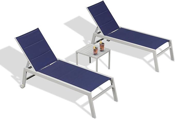 PURPLE LEAF Outdoor Chaise Lounge Set Adjustable Sunbathing Recliner with Side Table for Beach Poolside Outside Patio Aluminum Chaise Lounger Navy Blue
