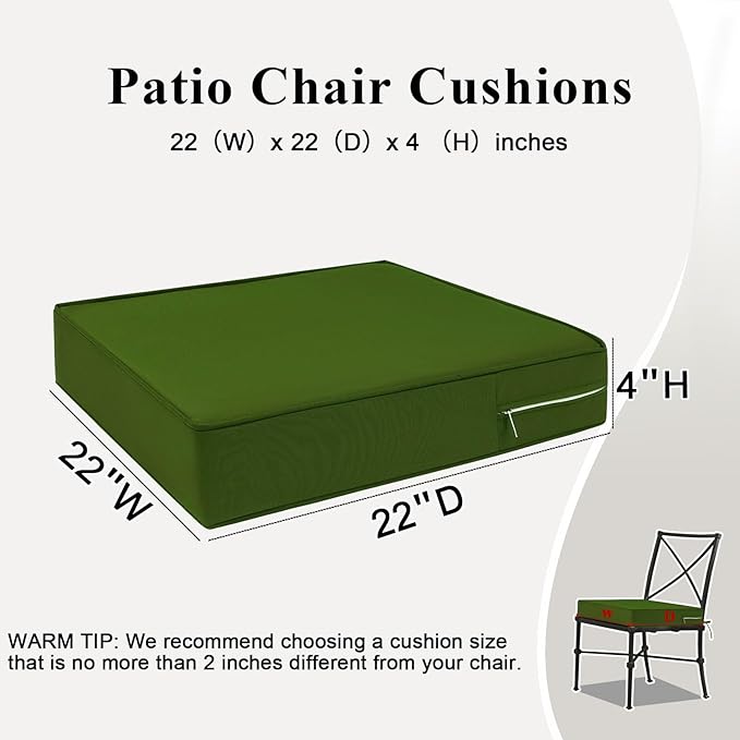 Outdoor Chair Cushions Set of 2 for Patio Furniture 22x22x4 Inch Waterproof Patio Chair Cushion 3 Year Color Fastness Square Elastic Foam Garden Couch Pads with Ties and Handle,Green
