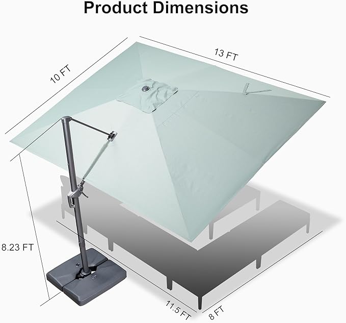 PURPLE LEAF 10' X 13' Rectangle Patio Umbrella Outdoor Large Aluminum Cantilever Umbrella with 3-Year Fade Resistance Recycled Fabric and 360-degree Rotation for Deck Pool Garden, Mint Green