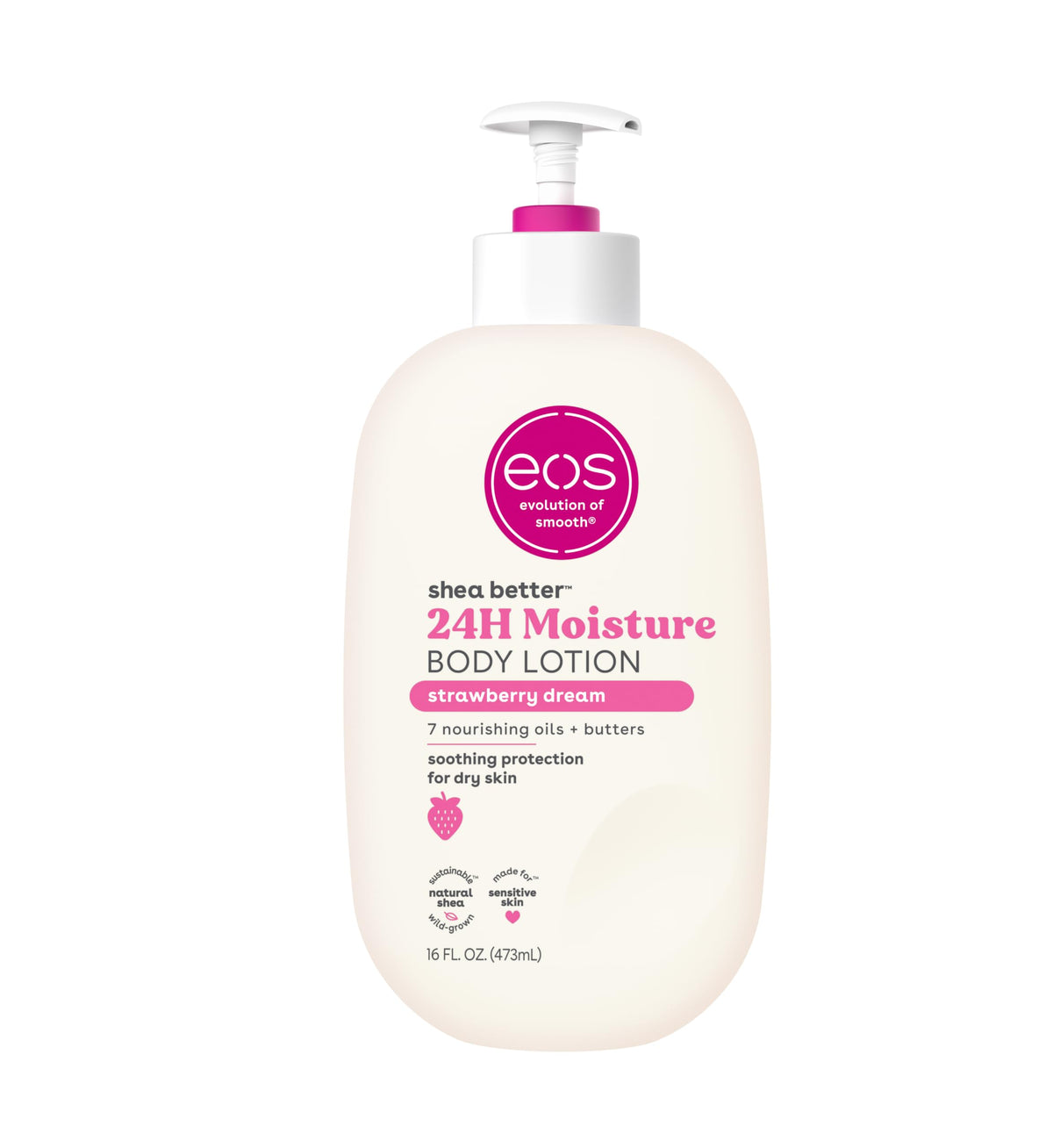 Eos Shea Better Body Lotion- Strawberry Dream, 24-Hour Moisture Skin Care, Lightweight & Non-Greasy, Made With Natural Shea, Veg