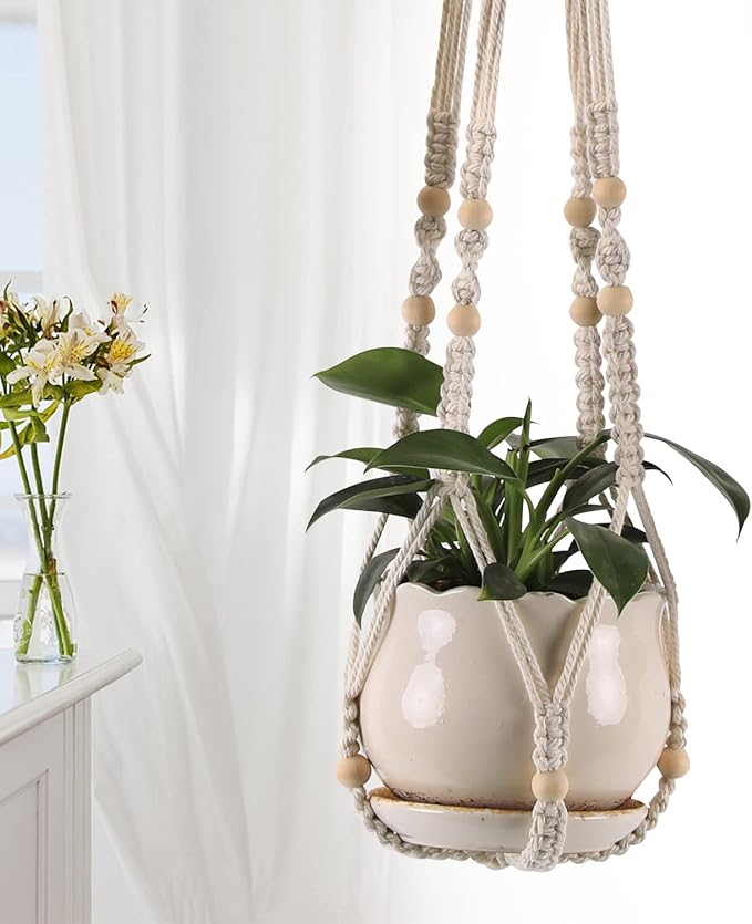 3-Pack Macrame Plant Hanger Indoor - Hanging Planter Basket for Indoor Outdoor - Decorative Boho Plant Holders Set with Beads - Ceiling Flower Pot Holder with 6 Hooks - 35"/30"/24" White