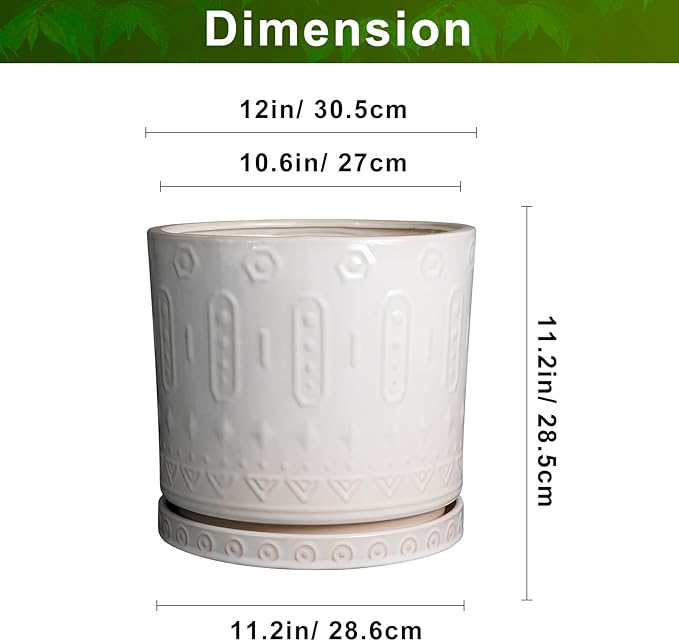 Ceramic Pots for Plants 12 Inch - Large Ceramic Planters for Indoor Plants Outdoor Modern Flower Pot with Drainage Holes and Saucer for Office Garden Patio White