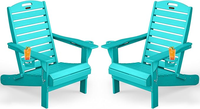 Adirondack Chairs Set of 2, Outdoor Fire Pit Chairs, HDPE All-Weather Adirondack Chairs with Cup Holder, Lawn Chair for Deck, Patio, Garden (Lakeblue)