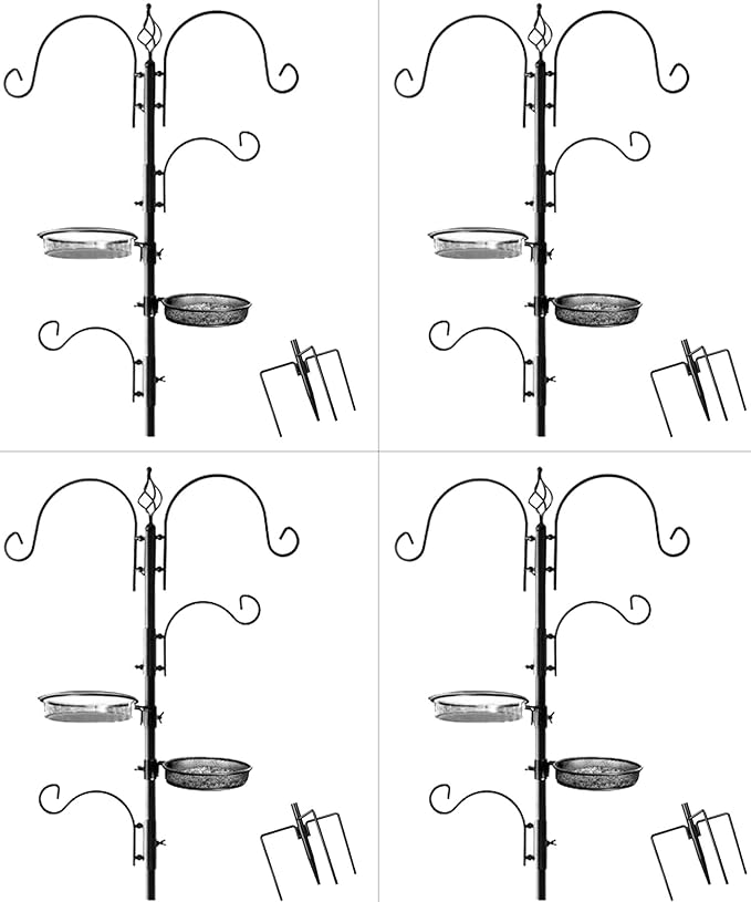 Ashman Deluxe Bird Feeding Station (4 Pack) Bird Feeders for Outside - Multi Feeder Pole Stand Kit with 4 Hangers, Bird Bath and 3 Prong Base for Attracting Wild Birds - 22 Inch Wide x 92 Inch Tall.