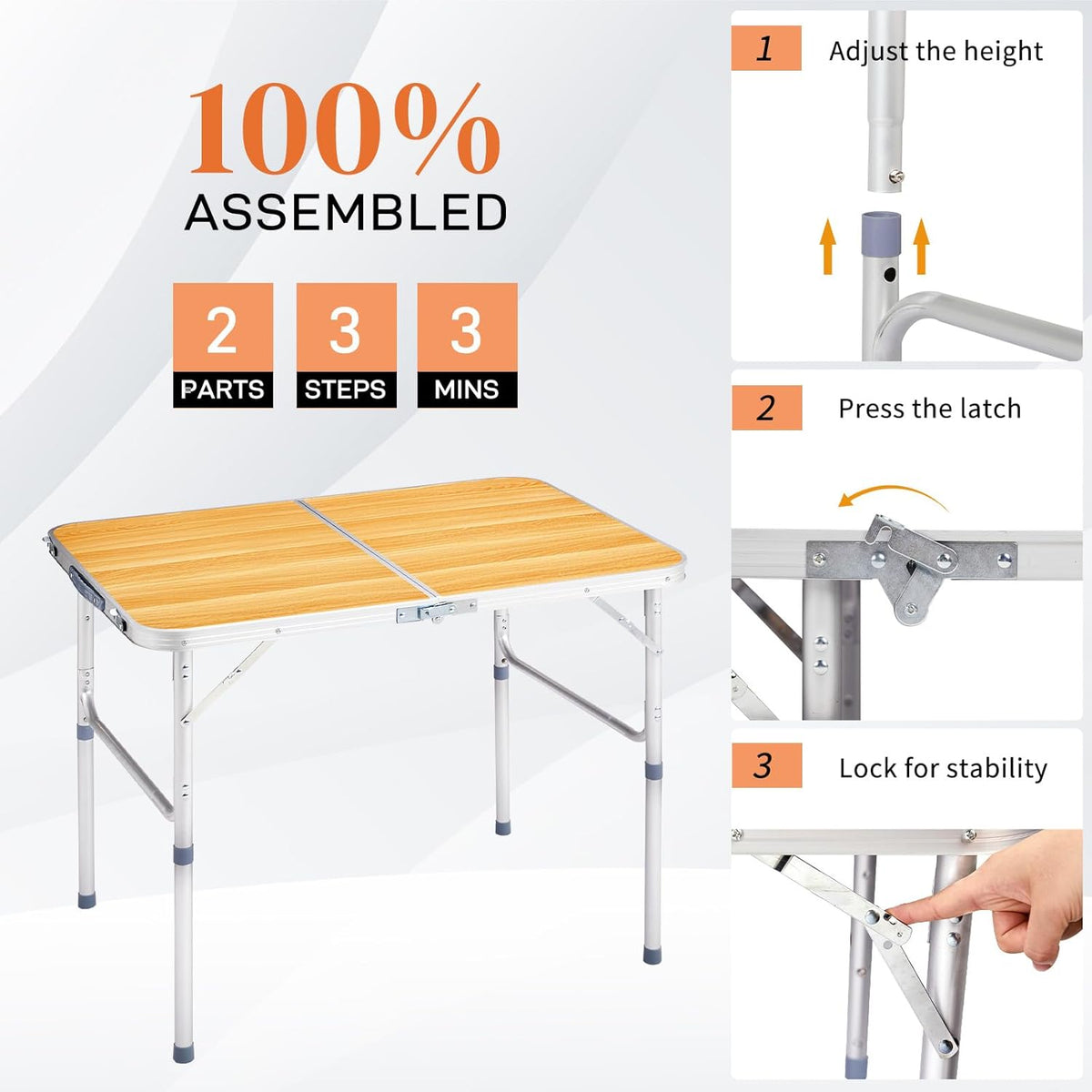 Outvita 3ft Portable Folding Camping Table, Outdoor Waterproof Adjustable Height Table, Aluminum Lightweight Suitcase Foldable Table for Picnic BBQ Beach Dining