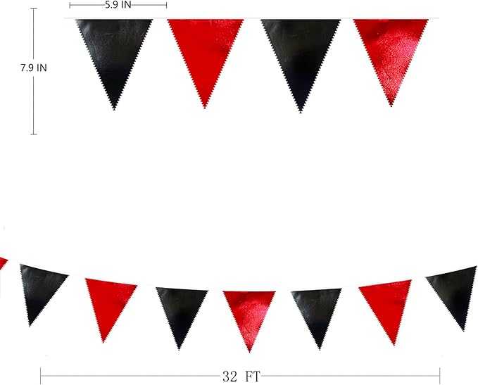 Red Black Party Decoration Metallic Fabric Triangle Pennant Banner Flag Bunting Garland for Graduation Halloween Birthday Wedding Bachelorette Anniversary Las Vegas Casino Poker Pirate Party Supplies
