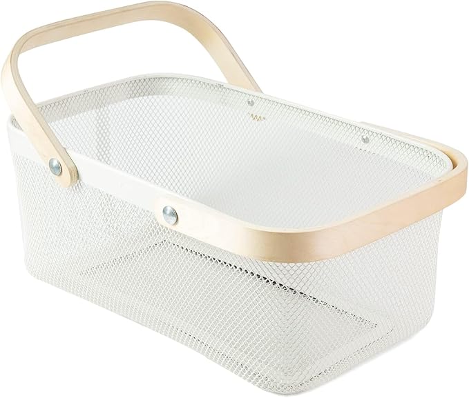 Portable Garden Harvest Basket-Mesh Design Natural Bamboo Handle Wire Storage Baskets,Mesh Basket with Handle Organize Items Reduce Space Occupation,Suitable for Kitchen,Garden,Picnic(White)