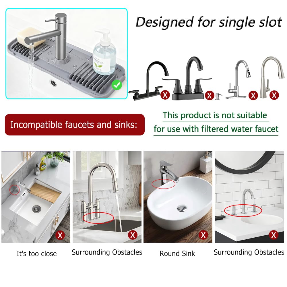 Silicone Faucet Mat, EK-Memory-fish Kitchen Faucet Mat Silicone Faucet Drip Catcher with Cuttable Circular Central for Kitchen Sink, Tailor-Made for Faucets with Deck Plate【Light Grey】