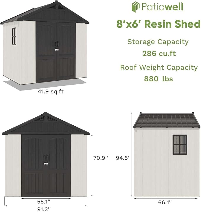 Patiowell 8 x 6 FT Plastic Outdoor Storage Shed with Floor, Resin Shed with Window and Lockable Door for Garden, Backyard, Tool Storage Use, Easy to Install in Beige (Kick-it Shed)