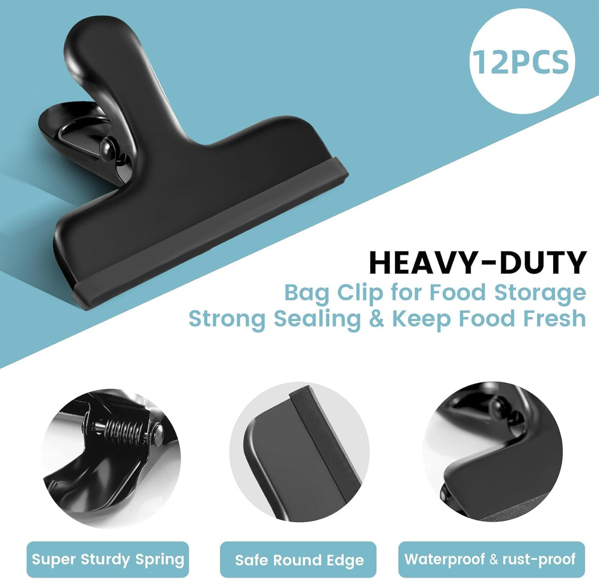 Chip Bag Clips, 8 Pack Heavy Duty Black Stainless Steel Food Sealer Clips with Silicone Cover, Strong Grip for Snacks, Food Storage, Kitchen & Pantry Organization (4 Large + 4 Small)