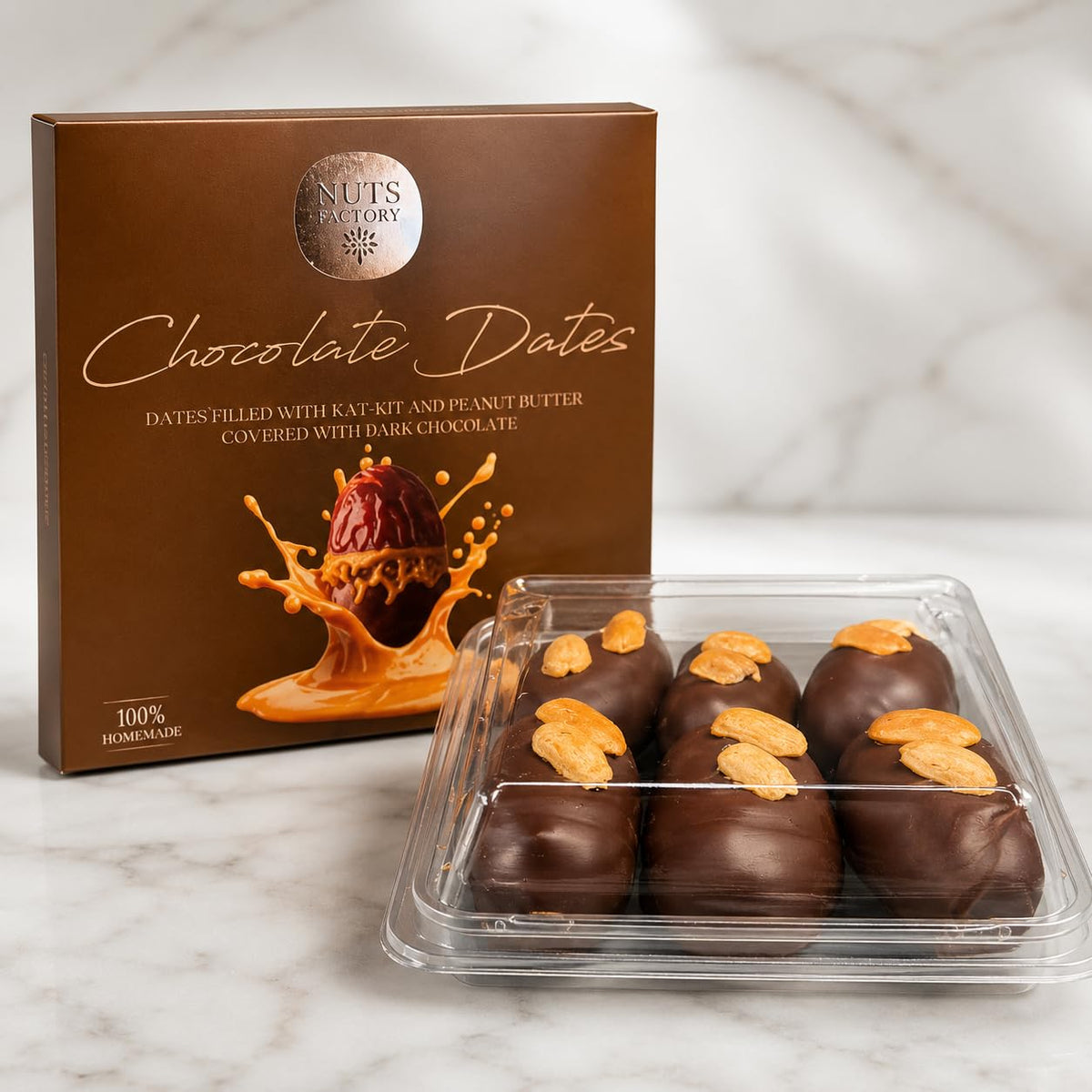 Nuts Factory Chocolate Dates - Dark Chocolate Covered Dates with Kataifi & Peanut Butter Filling, Gourmet Stuffed Date Dessert Treats
