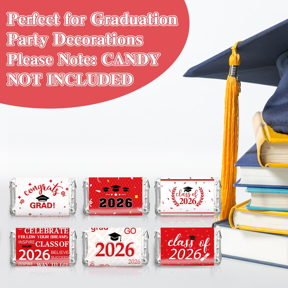 Graduation Party Decoration 2026 Graduation Label Stickers, 120 PCS Congrats Grad Mini Red White Candy Wrappers Class of 2026 Chocolate Bar Sticker