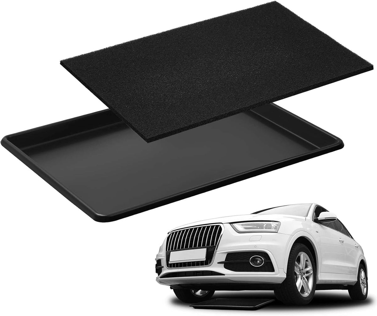 Uiifan 1 Set 27'' x 20''x 1.4'' Oil Drain Drip Pan for Car with Square No Splatter Pad Oil Drip Tray with Mat for Under Car Transmission Garage Automotive Driveway to Keep Floor Clean, Black