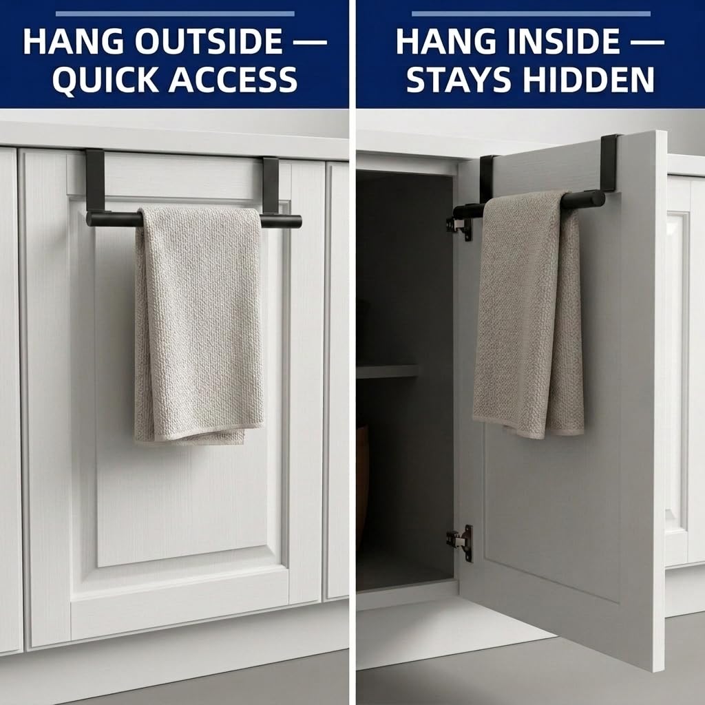 Qflushor Cabinet Door Towel Bar, Kitchen Towel Holder, Matte Black 2 Pack