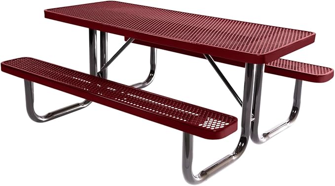 Coated Outdoor Furniture Heavy-Duty Portable Outdoor Picnic Table, Thermoplastic Coated Expanded Metal Commercial-Grade Patio Dining Furniture Made in America (6ft Rectangular, Burgundy)