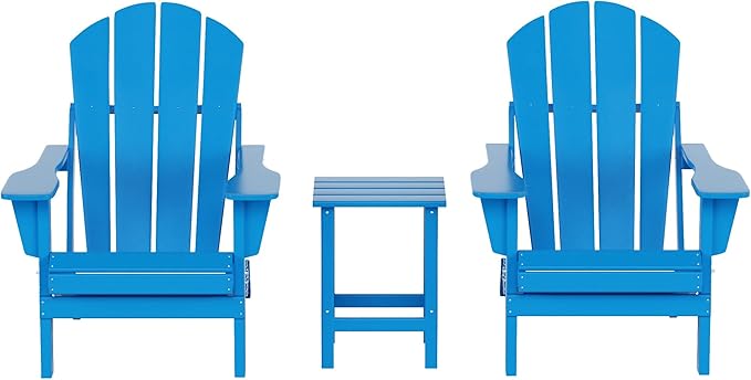 WO Home Furniture Adirondack Chairs Table Set of 3 PCS Outdoor Folding Chairs Side End Table Weather/UV Resistant for Lawn, Garden, Bon Fire, Balcony (Pacific Blue)