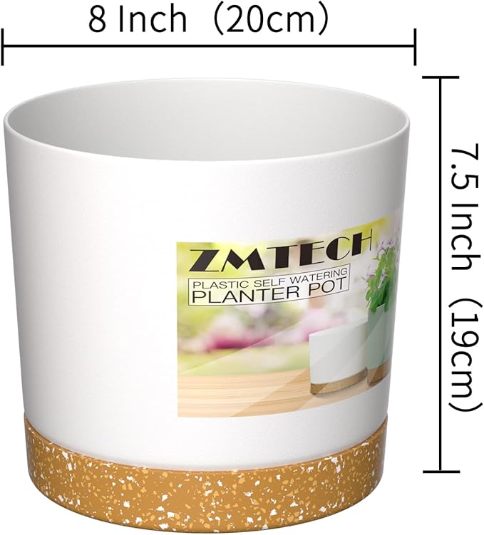 ZMTECH Plant Pots, Set of 3 8'' Self Watering Plastic Planter with Drainage Hole and Saucer, Modern Decorative Flower Pot for Indoor Outdoor House Plants, Succulents, Flowers - White