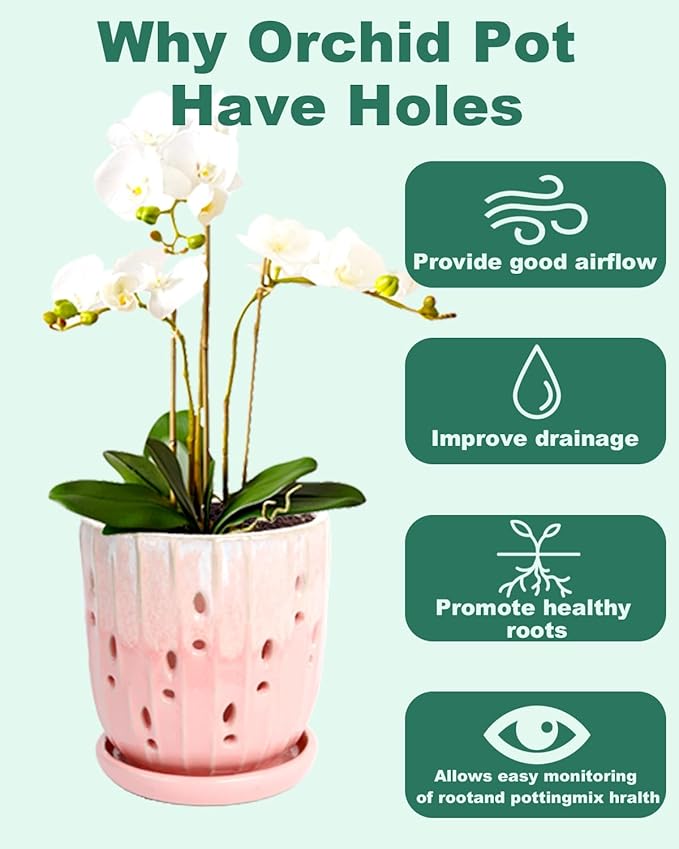 vensovo 6 Inch Ceramic Orchid Pot - Orchid Pot with Holes for Repotting, Ceramic Planter with Saucer for Indoor/Outdoor Plants, Pink