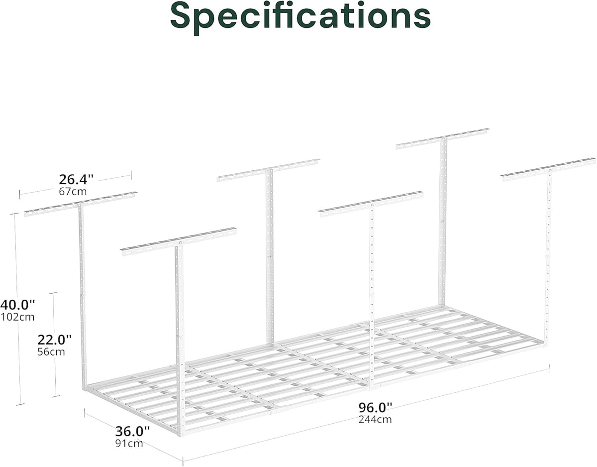 SunsGrove 3x8 Garage Storage Overhead Rack Organization, Adjustable Ceiling Mounted Storage Racks, 800LBS Weight Capacity, 22"-40" Ceiling Dropdown, 2 Pcs, White