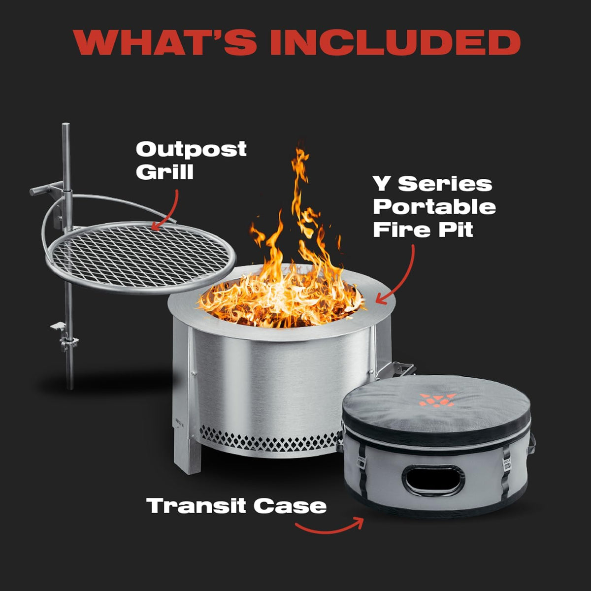 Breeo Smokeless Fire Pit to-Go Bundle (Y Series Stainless Steel, Outpost Grill & to Go Case) | 21 inch Smokeless Firepit for Outside | Ideal for Families