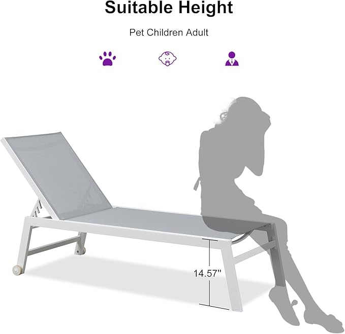 PURPLE LEAF Oversize Outdoor Chaise Lounge Set of 4 Outdoor White Aluminum Lounge Chairs with Side Table and Wheels Patio Lounge Chair for Yard Pool Deck, Bluish-Gray