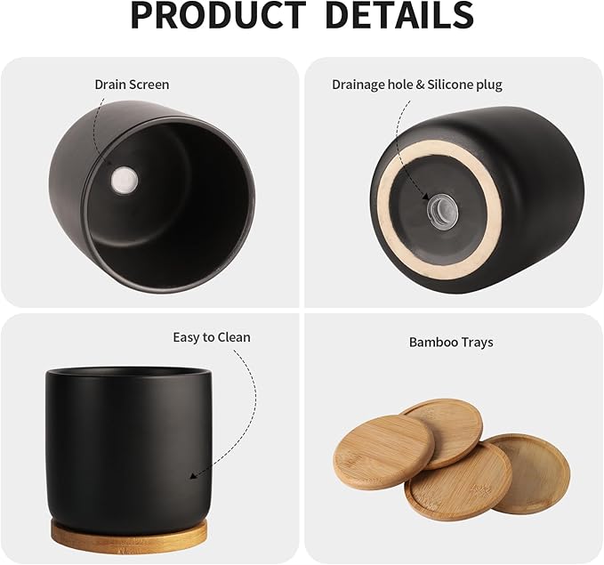 OMAYKEY 4 Inch Ceramic Plant Pot with Saucer, Black Planters Pots with Drainage Hole and Mesh Pads for Succulent, Snake, Cactus, Herbs - 4 Packs(Plant Not Included)