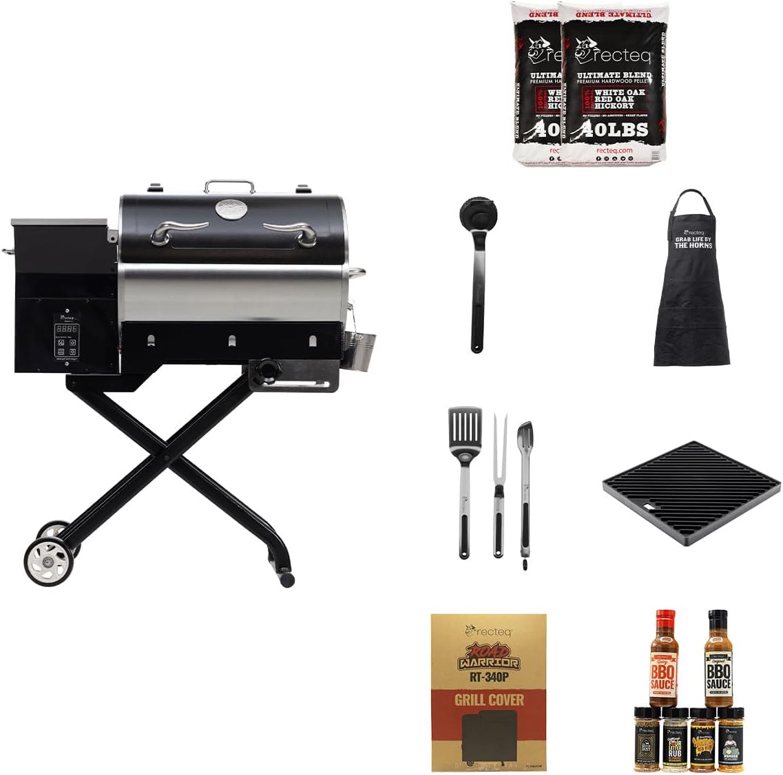 recteq Pellet Grill - Road Warrior 340 + BBQ Master Bundle, Portable Electric Pellet Smoker Grill, BBQ, Wood Pellets, Sear, Smoke, and More