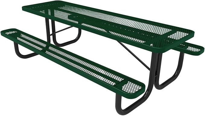 Coated Outdoor Furniture Heavy-Duty Portable Outdoor Picnic Table, Thermoplastic Coated Expanded Metal Commercial-Grade Patio Dining Furniture Made in America (8ft Rectangular, Green)