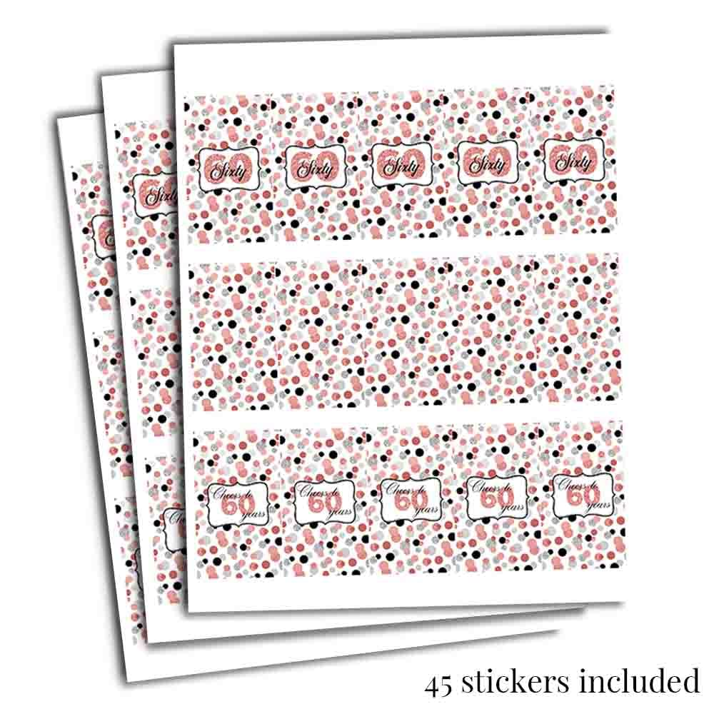 Amanda Creation Confetti Rose Gold Polka Dot 60th Birthday Party Mini Chocolate Candy Bar Sticker Wrappers, 45 1.4" x 2.6" Wrap Around Labels, Great