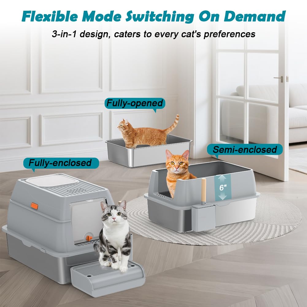 SZEE XL Stainless Steel Litter Box with Lid, Grey