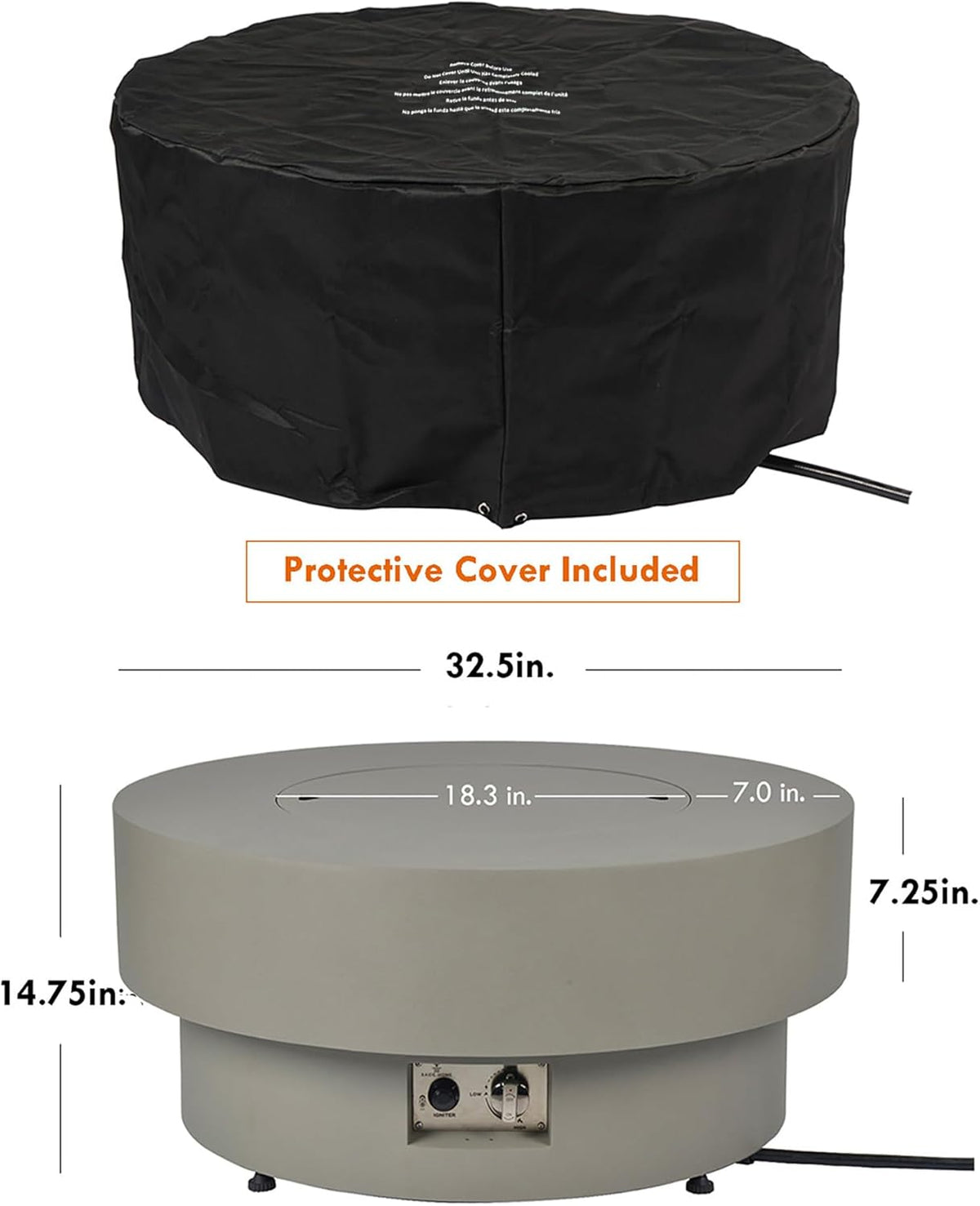 32.5-inch Outdoor Gas Fire Pit with 20lb Propane Tank Cover Table, 50,000BTU Propane Gas Fire Pits for Outside Patio w/Round Burner Lid, Glass Rocks, Pre-Attached 10ft External Gas Hose
