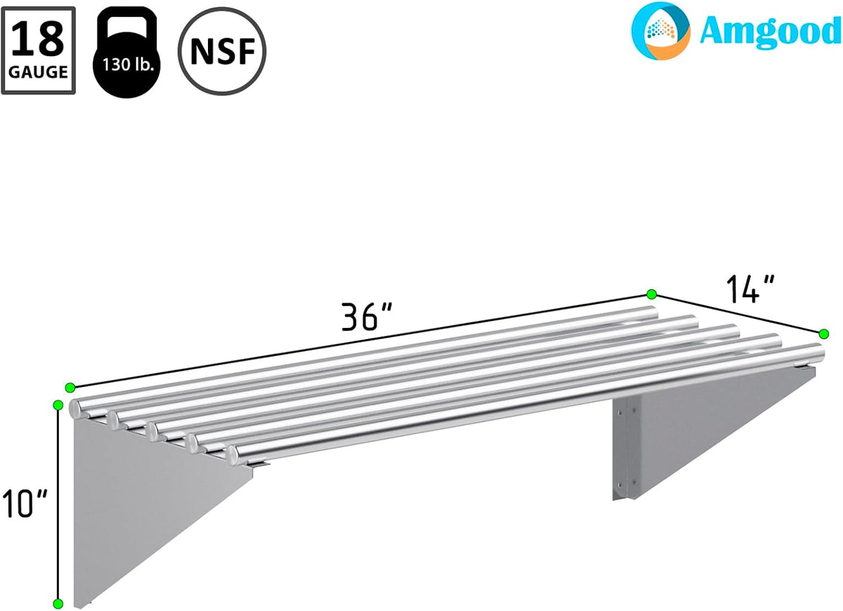 AmGood 14 in. x 36 in. NSF Stainless Steel Tubular Wall Shelf | Heavy-Duty Metal Shelving for Appliances & Equipment | Ideal for Kitchen, Restaurant, Garage, Laundry, Utility Room