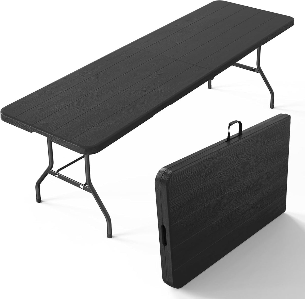 VINGLI 8 Foot Plastic Folding Table Portable Long Table for Indoor Outdoor Use Rectangular with Carrying Handle, Black