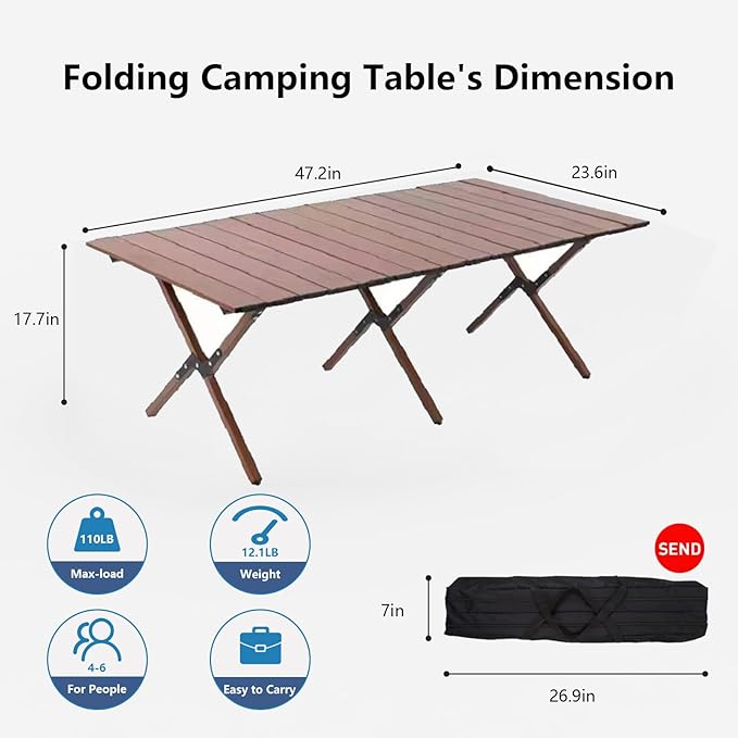 Folding Camping Table, 48Inch Lightweight Roll-Up Table Aluminum Low Portable Picnic Table with Carrying Bag for Outdoor, Beach, Picnic, Backyards, BBQ and Party Walnut Color