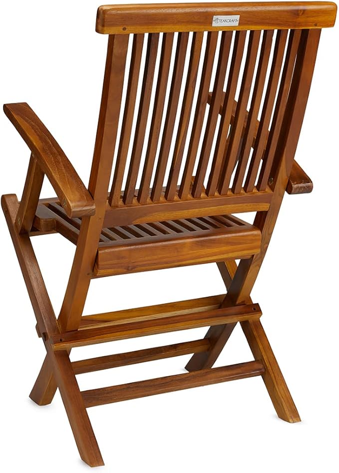 TeakCraft Teak Folding Arm Chair - 2 Piece Foldable Chairs Set - Fully Assembled - Solid Wooden Outdoor, Indoor- Wood Dining Room, Kitchen, Patio, Bistro Chairs, The Mille