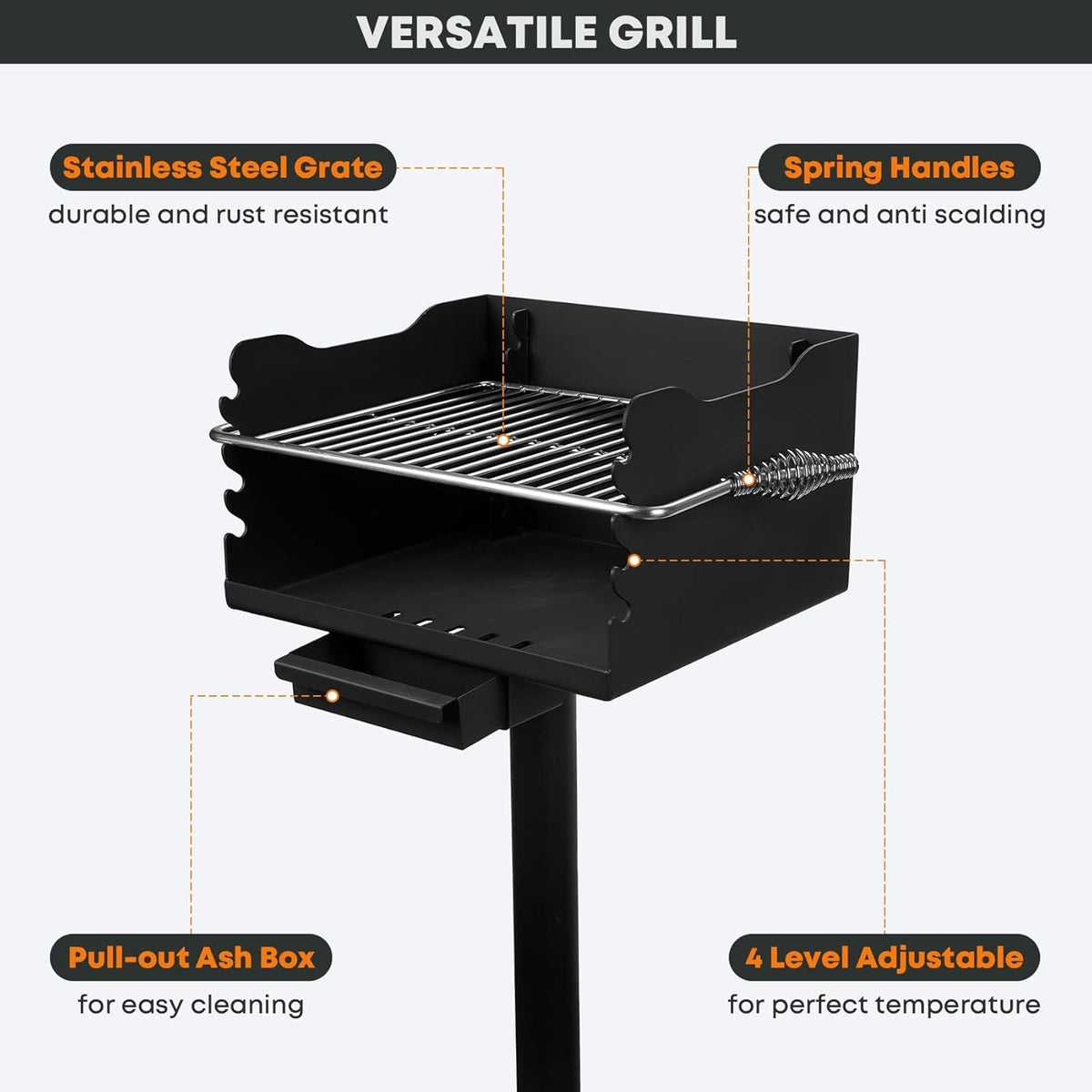 Stanbroil Charcoal Barbecue Grill for Outdoor, Heavy Duty Steel Park BBQ Grill with Stainless Steel Cooking Grate and Above/In Ground Post for Camping and Backyard